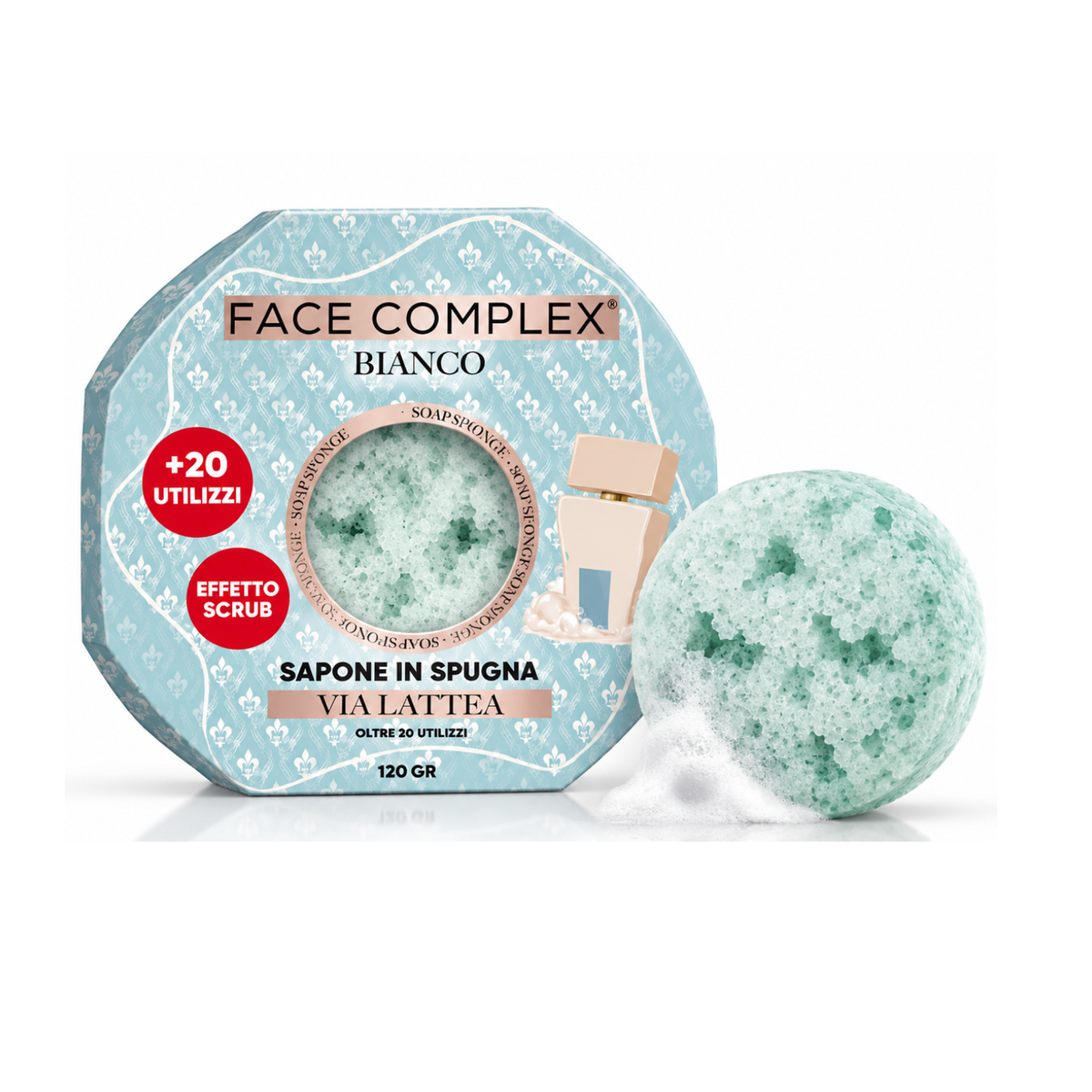 FACE COMPLEX SAPONE IN SPUGNA VIA LATTEA OLTRE 20 UTILIZZI 120GR PROFUMAZIONE: BIANCO LATTE